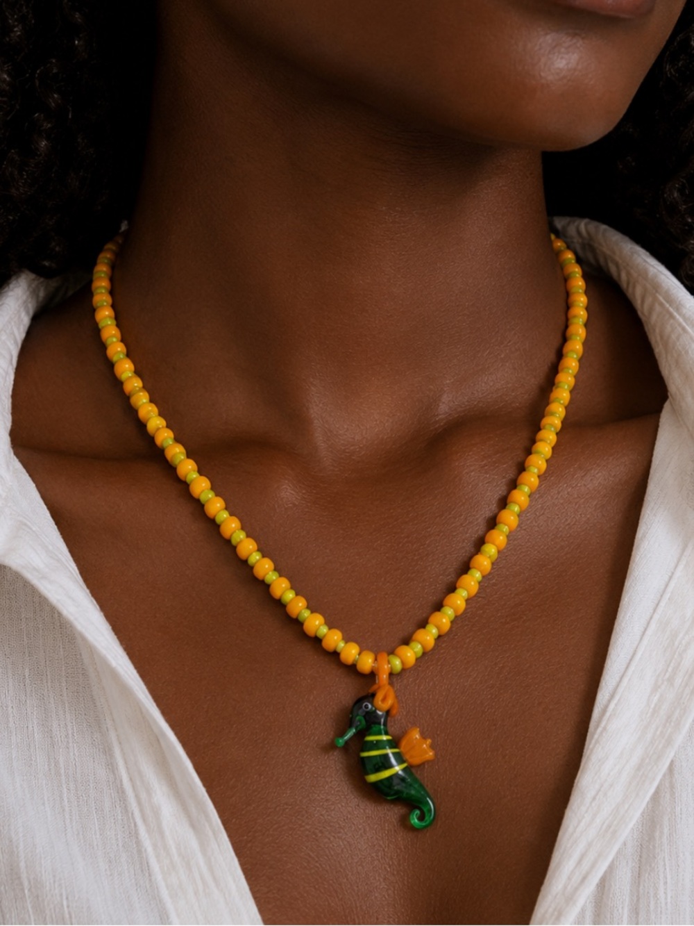 New! Coastal Yellow Glass Seahorse Beaded Dopamine Necklace NWOT 1030